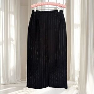VTG Harvé Benard Black 100% Wool Pinstripe Double Slit Midi Skirt Size 6